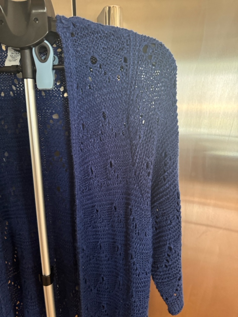 Catherines Navy Open-Front Crochet Fringe Cardigan NWOT - Picture 4 of 10